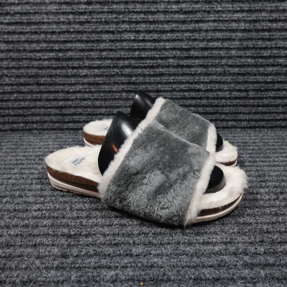 Earth Origins Slipper Womens 6 Olli Frost Grey Faux Fur Slide Soft Comfort Fluff